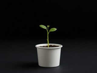 On a dark background, a little green plant sprout grows in a white cup.