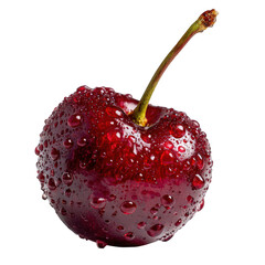 Single red cherry covered in water droplets isolated on delicious fresh juicy summer fruit sweet red berry close up macro photography wet food ripe diet life dark on transparent background