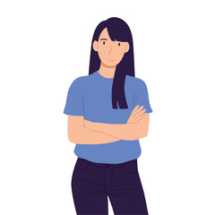 Woman with arms crossed – confident and thoughtful pose in flat style vector illustration