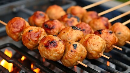 Delicious grilled meat shish kebabs cooking on a hot barbecue Generated using Raphael AI (free version with commercial use rights)