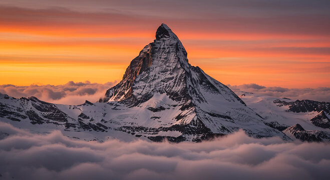 Stunning view of Matterhorn mountain peak covered in snow during sunset with clouds