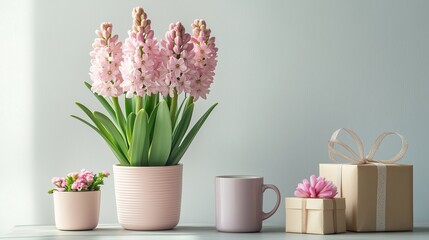 Fototapeta premium Pink hyacinth flowers in a pot with gifts and a mug on a table create a spring scene