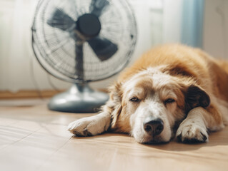 Obraz na płótnie Canvas Tired dog cooling by fan on wooden floor, indoor setting, soft colors
