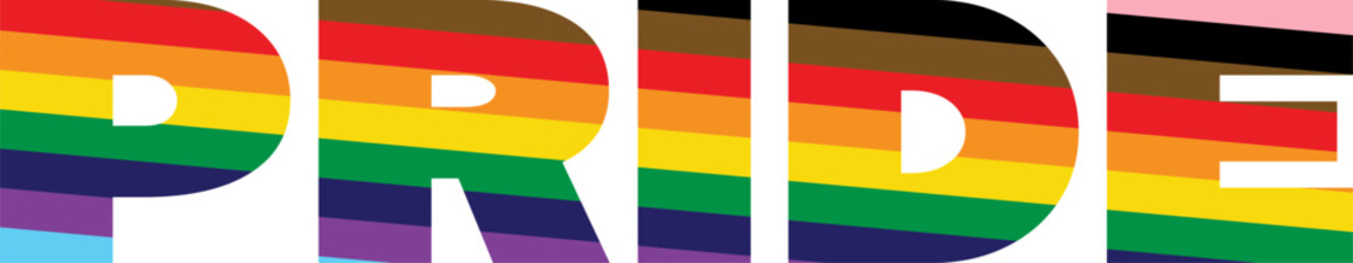 Large Bold PRIDE Letters Infused with Progress Rainbow Flag Colors to Represent LGBTQIA+ Visibility, Diversity, and Community Empowerment