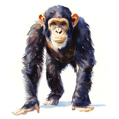 A watercolor illustration of a chimpanzee standing on its knuckles and looking directly at the viewer, set against a white background.