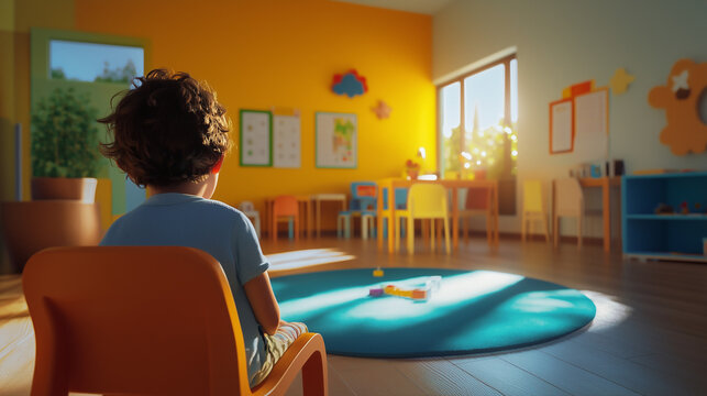 Child sitting alone in a bright kindergarten classroom during the day