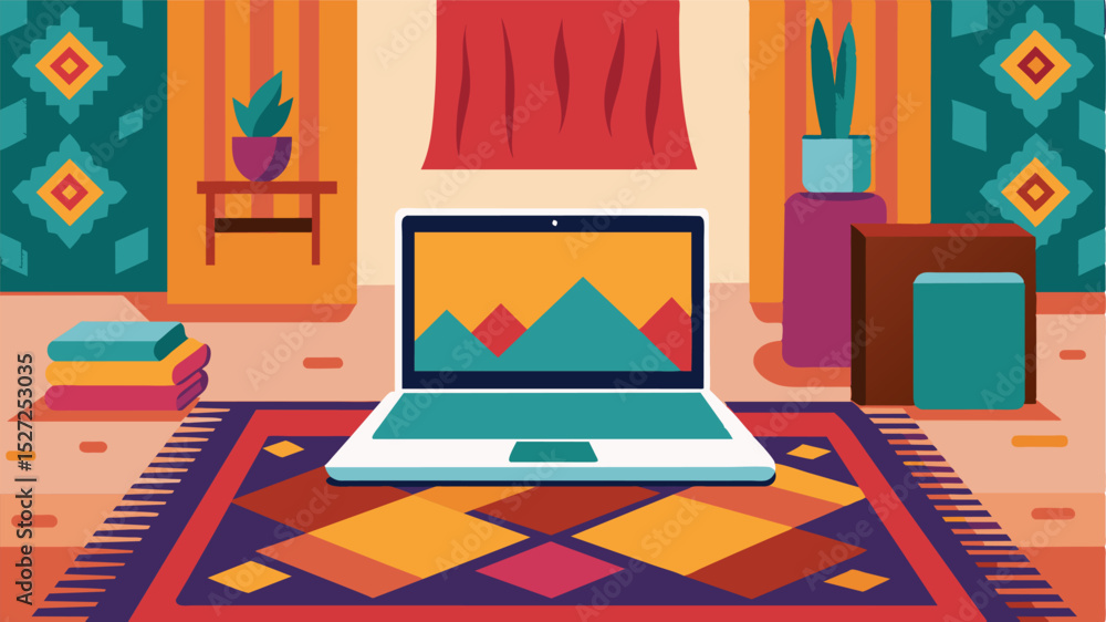 Poster the laptop sits on a moroccanstyle rug in a colorful tapestryfilled textile workshop utilized by the