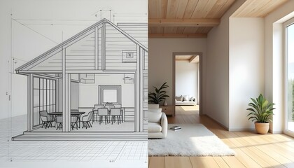 A door painting combined with a rendering of a modern living room with chic furniture and cozy interior design.