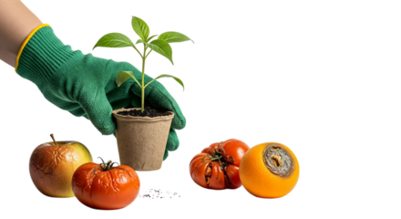 A Gloved Hand Holding a Potted Plant with Fresh Green Leaves Surrounded by Decaying Fruits and Vegetables