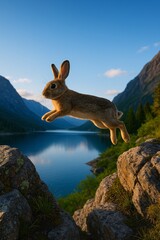 Energetic Rabbit Leaping Over Rocks with a Scenic Mountain Lake Background