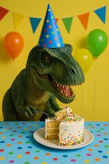 Tyrannosaurus Rex Celebrating Birthday with Cake and Party Hat