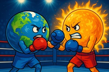 Cartoon Earth and Sun Boxing in a Fight Ring