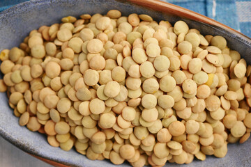 Lentil seeds displayed in a bowl on a kitchen table
