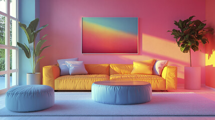 vibrant living room featuring yellow sofa, blue poufs, and colorful wall art, creating cheerful