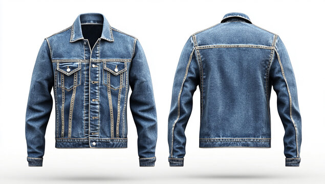 Front and back view of denim jacket on white background, casual style