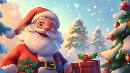 Santa claus holding a gift in a snowy christmas landscape on transparent background