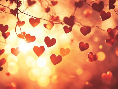 Romantic backdrop of red heart shapes on a tree branch with bokeh lights