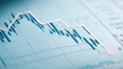 Close-up of financial chart with downward trending line symbolizing Federal Reserve rate cuts, economic recession concept, stock market volatility and investment risk analysis.	