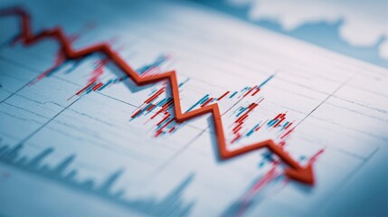 Close-up of financial chart with downward trending line symbolizing Federal Reserve rate cuts, economic recession concept, stock market volatility and investment risk analysis.	