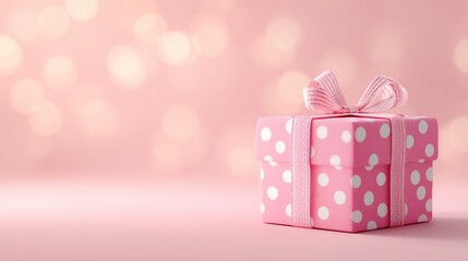 Obraz premium A pink polka dot gift box with a ribbon and bow sits on a pink surface with bokeh lights