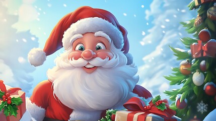 Cartoon santa claus with christmas tree and gift boxes art on transparent background