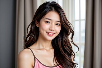 Beautiful Young Asian Woman with Long Brunette Hair Smiling Indoors near Window