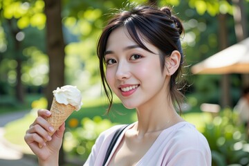 Happy Young Asian Woman Enjoying Ice Cream Cone in Sunny Park