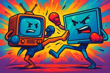 Retro Television vs. Modern Monitor: A Dynamic Pop Art Tech Battle