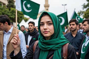Young Pakistani Woman in Green Hijab Holding Flag at a Peaceful Demonstration