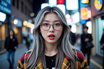 Stylish Asian Woman with Grey Hair in City Street at Night Wearing Glasses and Plaid Jacket