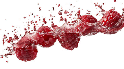 Raspberries in free fall with splashes of berry juice, isolated on white background