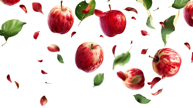 Red apples falling with motion and leaf fragments, isolated on white background.