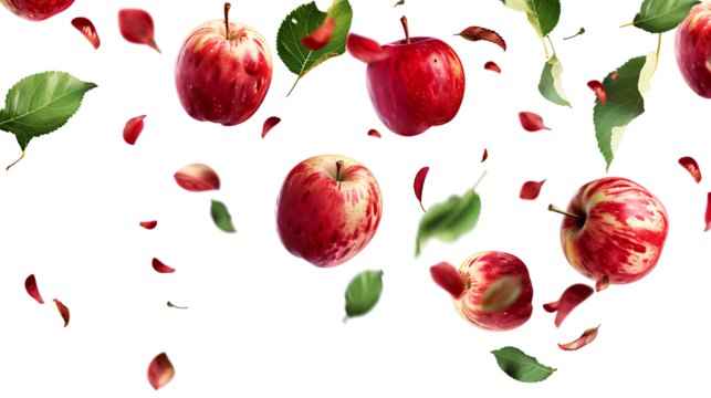 Red apples falling with motion and leaf fragments, isolated on white background.