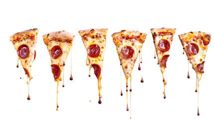 Various Sliced pepperoni pizza falling with melted cheese stretch, isolated on white background