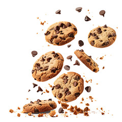 Chocolate chip cookies falling with crumbs and chips, isolated on white background