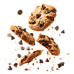 Chocolate chip cookies falling with crumbs and chips, isolated on white background