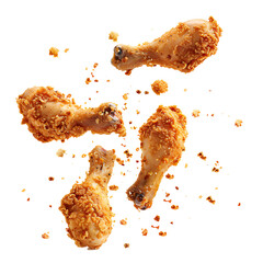 Fried chicken drumsticks falling with crispy texture and crumbs, isolated on white background