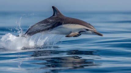 Fototapeta premium A common dolphin leaps from the ocean with water splashing around its body in the sunlight