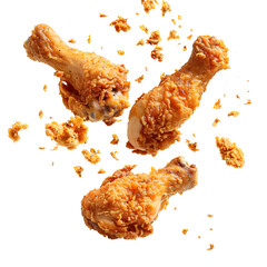 Fried chicken drumsticks falling with crispy texture and crumbs, isolated on white background