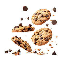 Chocolate chip cookies falling with crumbs and chips, isolated on white background