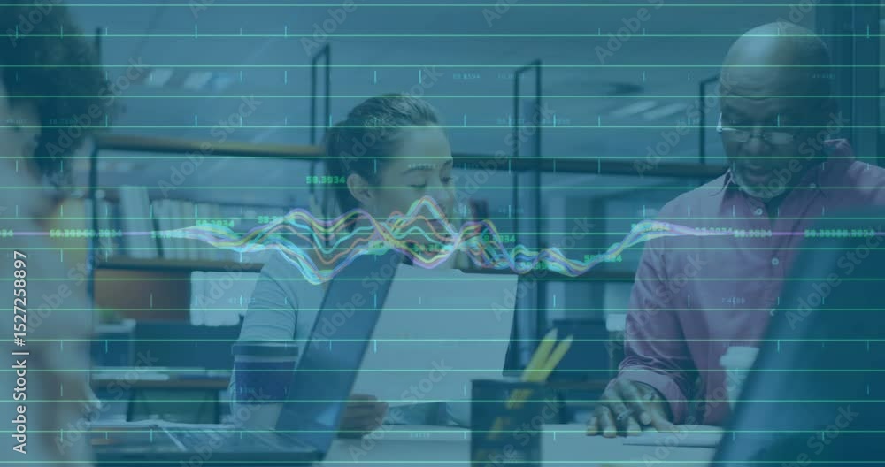 Poster when animated chart appearing, woman passing report and man scrolling tablet updating business data