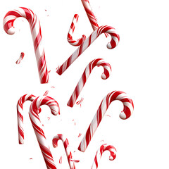 Candy canes in red and white stripes falling, isolated on white background