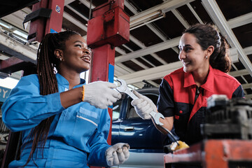 Two cheerful diverse female mechanic workers, Latin and Black coworkers fix automotive wheels,...