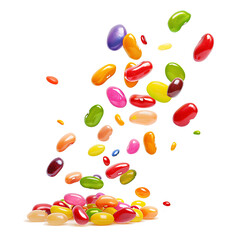 Jelly beans in assorted colors falling, isolated on white background
