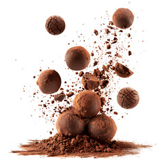 Chocolate truffles falling with cocoa powder splashes, isolated on white background.