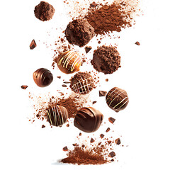 Chocolate truffles falling with cocoa powder splashes, isolated on white background.