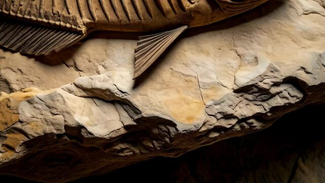 Ancient fossilized fish skeleton imprint on rock surface showcasing paleontology and archaeological discovery