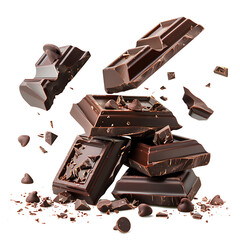 Chocolate bars breaking and falling in motion, isolated on white background