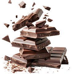 Chocolate bars breaking and falling in motion, isolated on white background