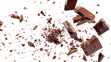 Chocolate bars breaking and falling in motion, isolated on white background